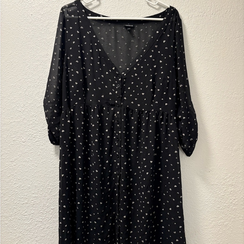 Torrid Black Heart Print Long Sleeve sheer Dress